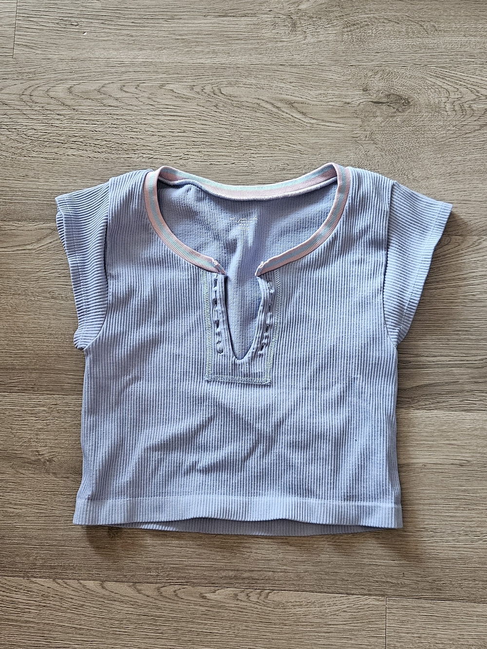 Urban Outfitters Light Blue Ribbed Crop Top with Pink Trim